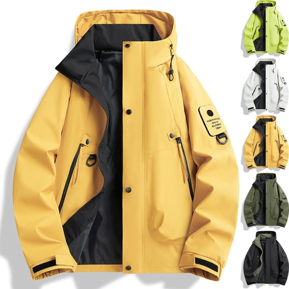 LNZGNM Mens Windbreaker M-3XL Windproof Fall Jacket Casual Breathable Hooded Lightweight Jacket Men Adjustable Neckline Running Windbreaker, Yellow XL