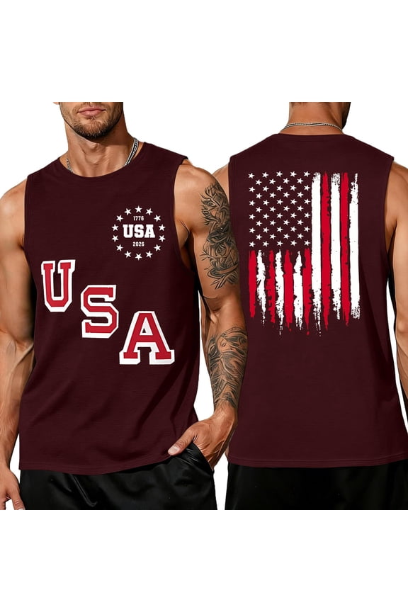 Mens Workout Tank Tops Big and Tall USA Flag Sleeveless Shirts Muscle Graphic Patriotic Tank Tops Stylish Memorial Day Tee Shirts,Wine 5XL