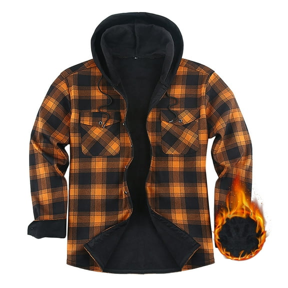 LNZGNM Orange Flannel Jacket for Men Sherpa Lined Plaid Jackets Coat Thick Warm Plaid Shirt Jackets Button Winter Coats with Pocket, Orange L