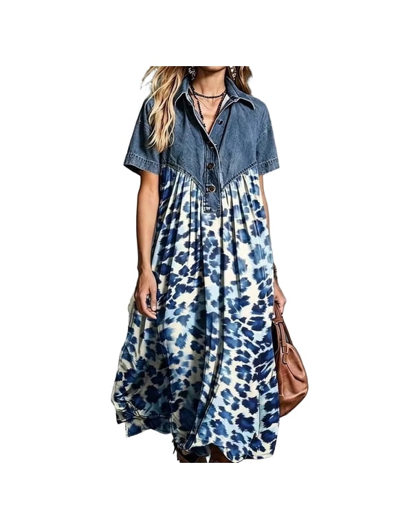 Patchwork Denim Dress for Women Short Sleeve Shirt Dress Style with Shirt Collar Vintage All Season Weekend Outings Piece, (XXL)