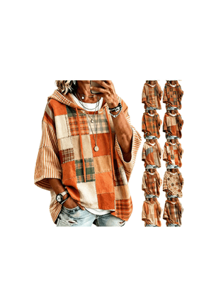 Patchwork Hoodie For Women Loose Short Sleeve Patchwork Pullover Top Trendy Drawstring Sweatshirt for Summer Weekend Lounging,Light Brown (S)