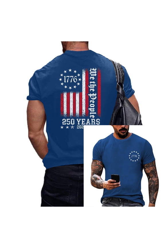 Patriotic Shirts for Men American Flag 1776 Short Sleeve T-Shirt Casual Star Stripes Graphic Crewneck Shirts Memorial Day Tees,Blue 3XL
