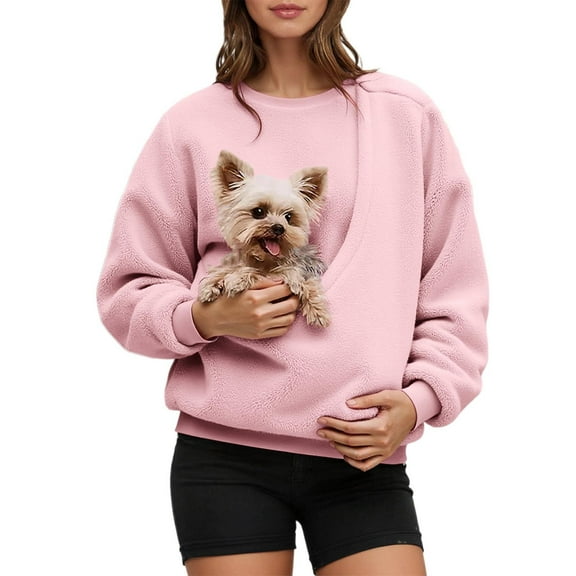 LNZGNM Pet Pouch Sweatshirt Comfy Warm Pullover Casual Animal Holder Shirt with Large Pocket Long Sleeve Fall/Winter Tops for Women, Pink, 2XL