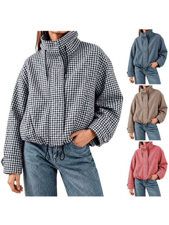 Plaid Bomber Jacket for Women Zip Up Stand Collar Long Sleeve Jackets Elastic Cuff Loose Lightweight Fall Winter Coat with Pockets,Black (L)