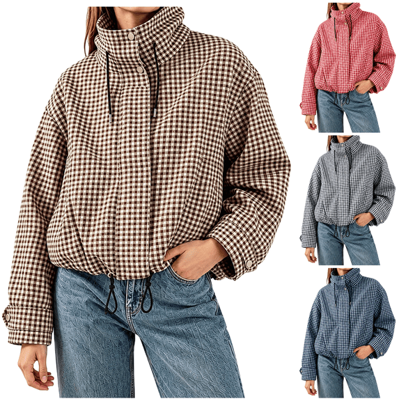 LNZGNM Plaid Bomber Jacket for Women Zip Up Stand Collar Long Sleeve Jackets Elastic Cuff Loose Lightweight Fall Winter Coat with Pockets,Brown (M)