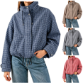 thumbnail image 1 of LNZGNM Plaid Bomber Jacket for Women Zip Up Stand Collar Long Sleeve Jackets Elastic Cuff Loose Lightweight Fall Winter Coat with Pockets,Navy (M), 1 of 5