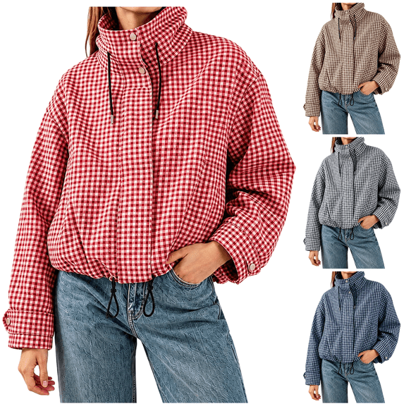 LNZGNM Plaid Bomber Jacket for Women Zip Up Stand Collar Long Sleeve Jackets Elastic Cuff Loose Lightweight Fall Winter Coat with Pockets,Red (L)