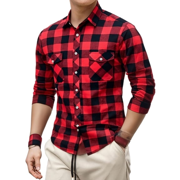 LNZGNM Plaid Flannel Long Sleeve Shirt for Men Lapel Checkered Shirt with Front Pockets Button Front Shirts Regular Fit Casual Outdoor Tops,Red S