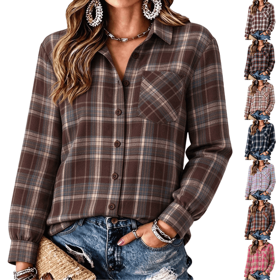 LNZGNM Plaid Flannel Shirts for Women Long Sleeve Curved Hem Roll Tab ...