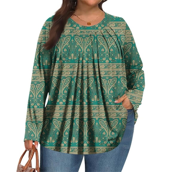 LNZGNM Plus Size T Shirts for Women Loose Fit Pleated Tees V Neck Long Sleeve Floral Graphic T-Shirt 4x-5x Tunic Tops Dark Green 2XL