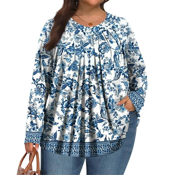 LNZGNM Plus Size Tops for Women Dressy Cute Ladies Blouses Size 4x V Neck Womens Plus Size Tops Long Sleeve Floral Print Casual Tunics Women Loose Fit Clothes Blue 5XL