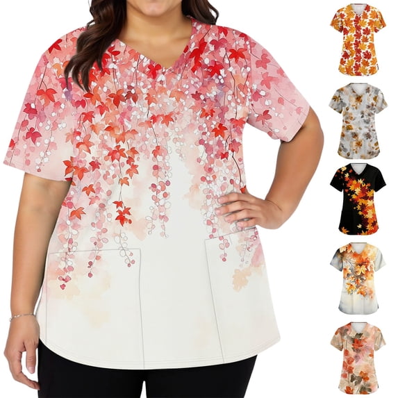 LNZGNM Plus Size Women's Scrub Top Loose Fit V neck Short Sleeve Botanical Print Working Uniform Nurse Shirts with Pockets,Red(XXXXL)