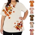 thumbnail image 1 of LNZGNM Plus Size Women's Scrub Top V neck Short Sleeve Loose Fit with Floral Leaf Print Working Uniform Blouse Working Tops,Red(L), 1 of 6
