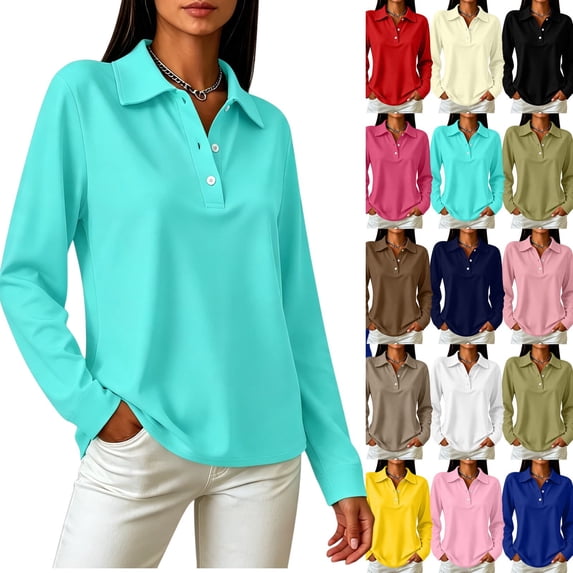LNZGNM Polo Shirts for Women Solid Color Long Sleeve Classic Comfortable with Easy Care Top Golf Sport Outing,Beige(S)