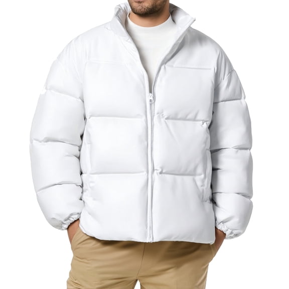 LNZGNM Puffer Jackets for Men Solid Collar Loose Fit Thicken Warm Jacket Zip-Up Quilted Insulated Puffer Coat with Pockets Fashion Outdoor Bubble Coat,White XL