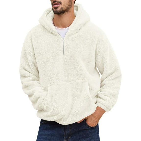 LNZGNM Quarter Zip Hoodie Men Flannel 1/4 Zip Up Long Sleeve Jackets Big and Tall Warm Sweatshirt with Pockets Casual Winter Outwear,Beige 3XL