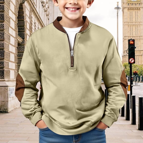LNZGNM Quarter Zip Pullover Boys 9-10Y Long Sleeved Fleece Lightweight Sweatshirts Fashion Soild Shirts Hoodless Fall Tops for School for Teen Boy, Beige, 9-10Y
