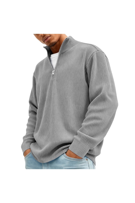 Quarter Zip Pullover Men Plus Size Corduroy Sweatshirt Retro Stand Collar Long Sleeve Quarter Zipper Pullover Sweater Fall Pullover Tops,Gray XL