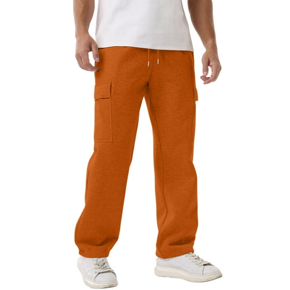 LNZGNM Red Cargo Sweatpants for Men Casual Wide Leg Open Bottom Mens Baggy Sweatpants Elastic Waist Workout Hiking Joggers Fleece Fall Sweatpants with Pocket, Saffron S
