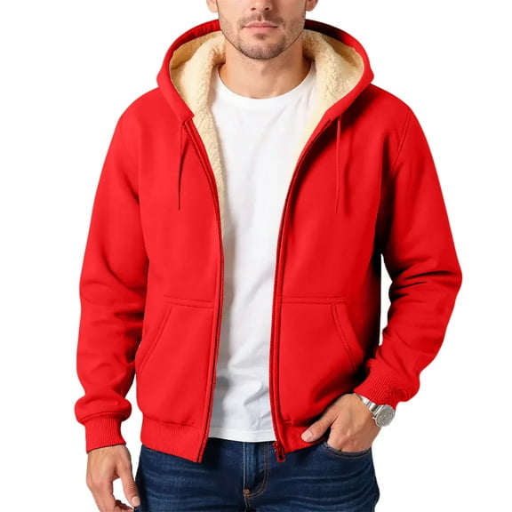 LNZGNM Red Jackets for Men Sherpa Lined Zip Up Fleece Lined Sweatshirt Thick Warm Jacket with Pockets Casual Fall Coat,Red L