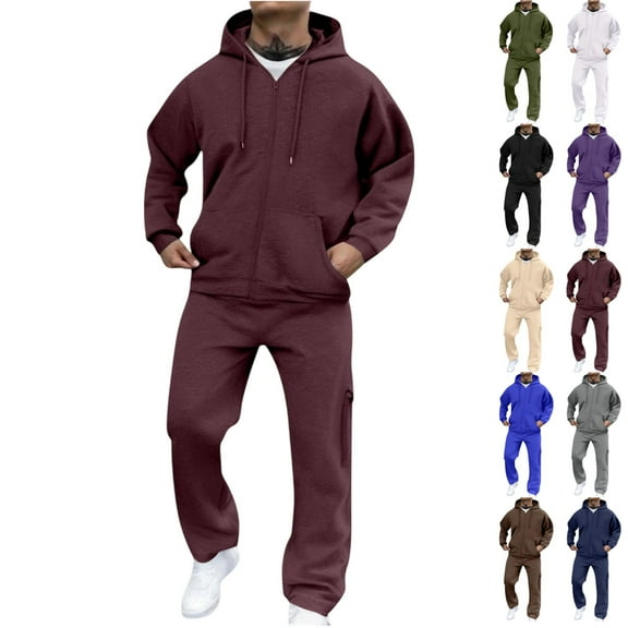 LNZGNM Red Sweat Suits Men Sports Mens Track Suits 2 Piece Set Casual Zip Up Hooded Sweatshirt and Sweatpant Autumn Jogging Suit with Pockets, Wine L