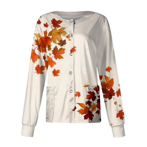 LNZGNM Scrub Jacket for Women Long Sleeve Button Front Leaf Print Lightweight with Chest Pocket Stretch Healthcare Daily Shift,Khaki(XXL)