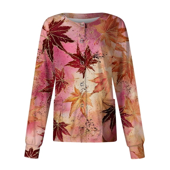 LNZGNM Scrub Jacket for Women Long Sleeve Button Front Leaf Print Lightweight with Chest Pocket Stretch Healthcare Daily Shift,Multicolor(M)