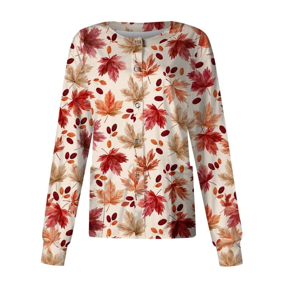 LNZGNM Scrub Jacket for Women Long Sleeve Button Front Leaf Print Lightweight with Chest Pocket Stretch Healthcare Daily Shift,Red(S)