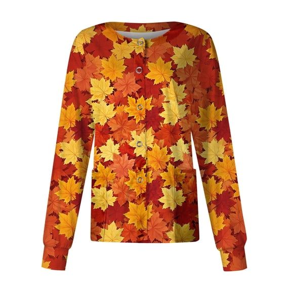 LNZGNM Scrub Jacket for Women Long Sleeve Button Front Leaf Print Lightweight with Chest Pocket Stretch Healthcare Daily Shift,Vermilion(L)
