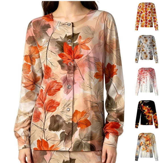 LNZGNM Scrub Jackets for Women Long Sleeve Leaf Print Scrub Cardigan Snap Front Lightweight Nurse Uniform with Pocket,Vermilion(M)