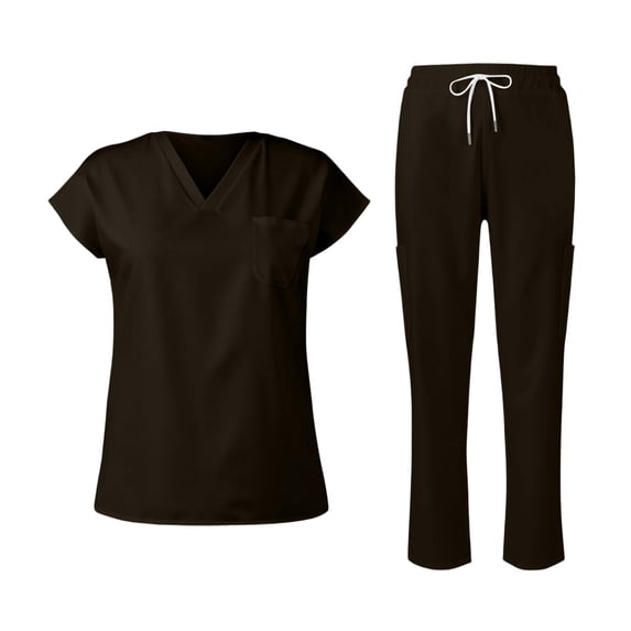 LNZGNM Scrubs for Women Set 2 Piece Straight Leg Drawstring Pants with 4 Pockets V Neck Quick-Dry Short Sleeve Top for Nurses Long Shifts Workwear, Brown (M)