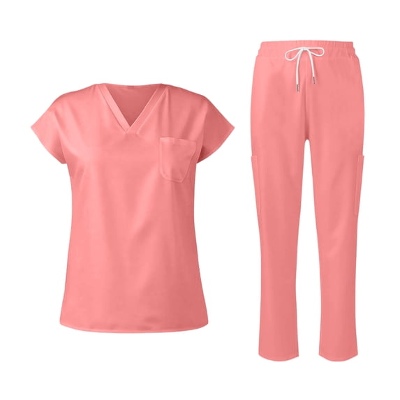 LNZGNM Scrubs for Women Set 2 Piece Straight Leg Drawstring Pants with 4 Pockets V Neck Quick-Dry Short Sleeve Top for Nurses Long Shifts Workwear, Pink (S)