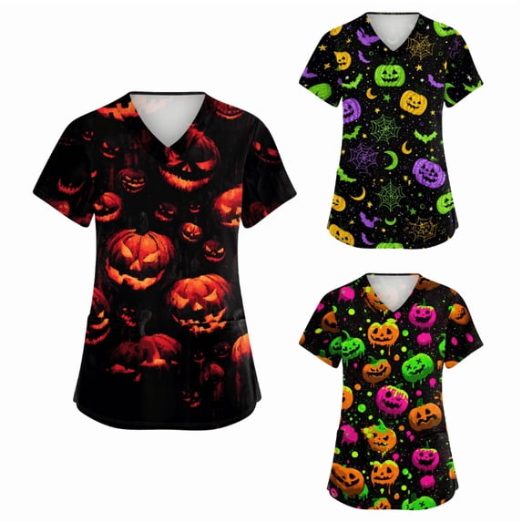 LNZGNM Scrubs for Women Halloween Pumpkin Printed Oversized Tops V-Neck Short Sleeves Shirts with Pockets Holiday Nursing Uniforms Orange (L)