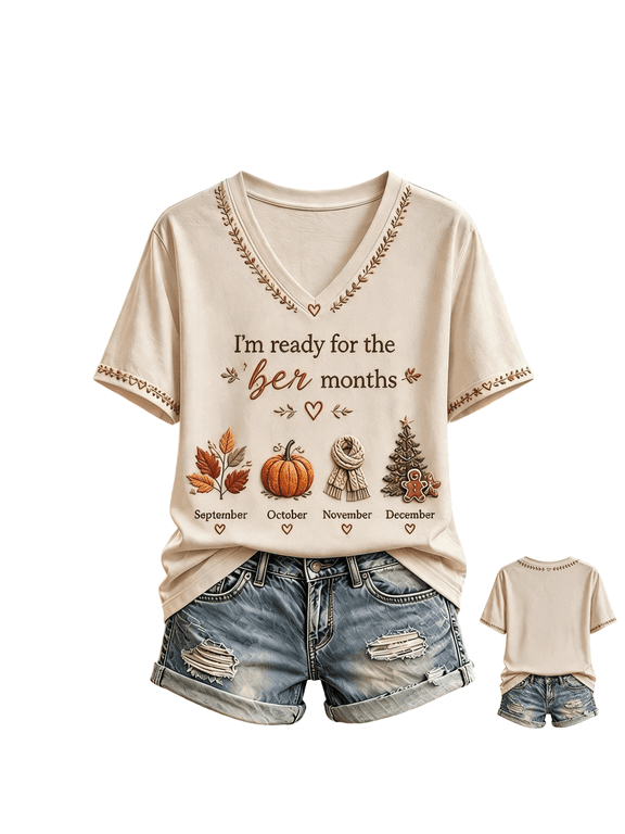 Seasonal Graphic Tees for Women Fall Print Straight Hem Breathable Relaxed Fit Tunics Clothes for Weekend Wear, (L)