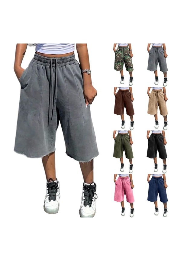 Shorts for Women Knee Length Bermuda Shorts 2026 Summer Casual Drawstring Elastic Waist Frayed Hem Casual Lounge Shorts with Pockets,Khaki(S)