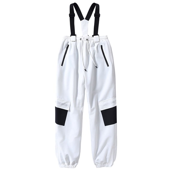 LNZGNM Snow Bibs Kids 8-12Y Insulated Waterproof Elatsic Waist Ski Pants Windproof Warm Skiing Cargo Pants Winter Ski Outfit with Zipper Pockets for Boy Girl for Cycling, White, L