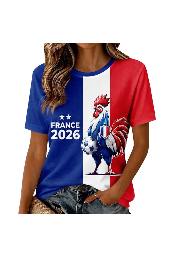 Soccer Jersey for Women France Soccer Fan T-Shirt French Rooster Football Graphic Print Short Sleeve Casual Tee Game Day Tee,White(M)