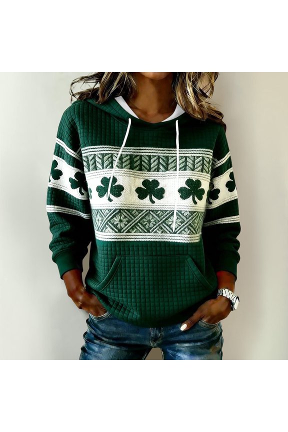 St. Paddy's Day Womens Hoodies Shamrock Art Print Sweater Long Sleeve Outfits with Pocket, Turquoise, XL