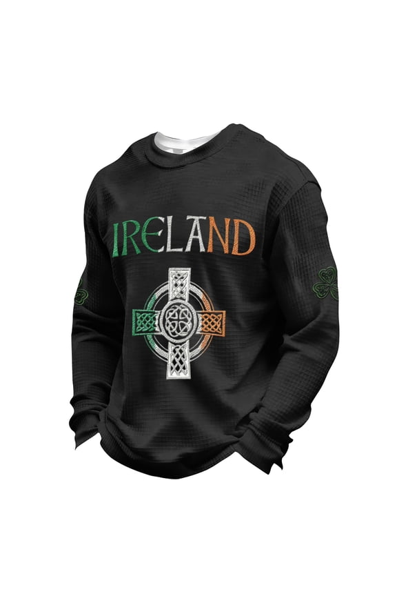 St Patrick's Day Shirts for Men Ireland Celtic Cross Plus Size Long Sleeve Shirt Waffle Crewneck Slim Shirt Stylish Saint Patricks Day Tops,Black XL