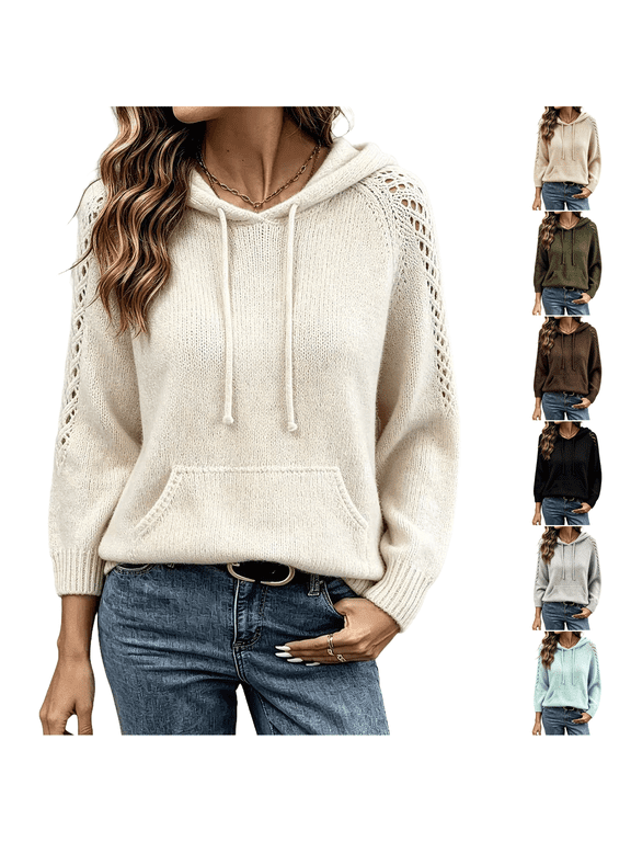 Sweaters for Women Knit Drawstring Long Sleeve Hoodies Hollow Out Crochet Shoulder Detail Pullover with Pocket Casual Outfits,Beige (L)