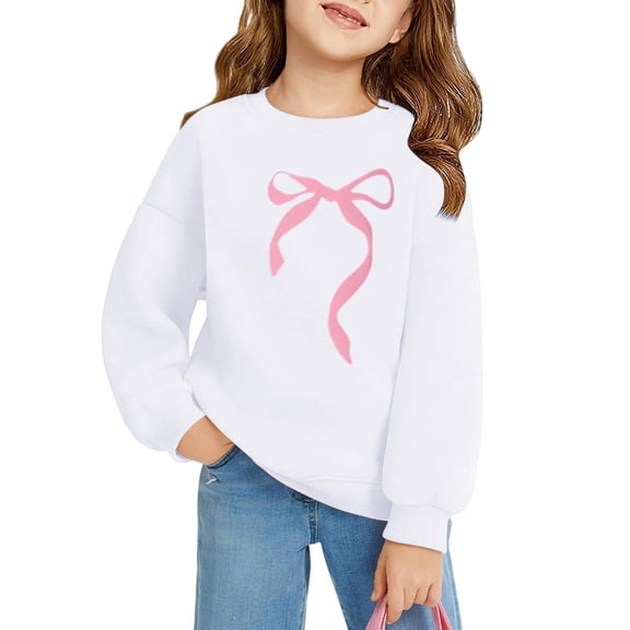 LNZGNM Sweatshirt for Girls 3-4Y Bow Graphic Comfy Warm Pullover Funny Crewneck Long Sleeve Top Cotton Blend Fall Drop Shoulder Clothes for School and Play, White, 3-4Y
