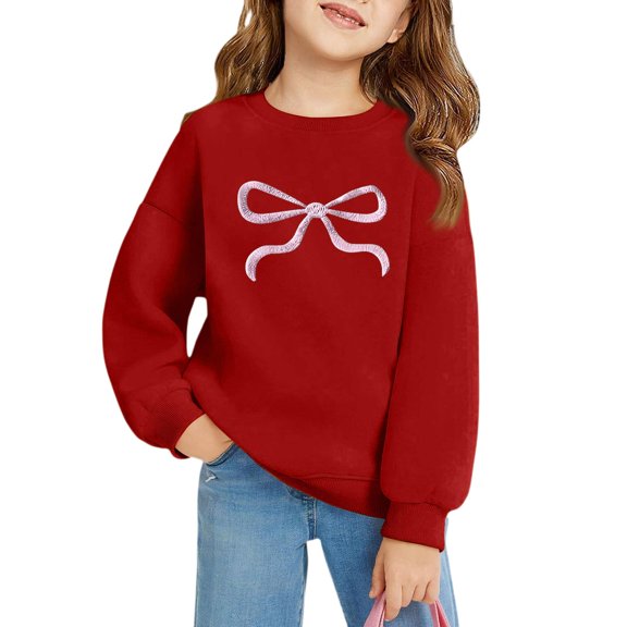 LNZGNM Sweatshirt for Toddler 11-12Y Bow Print Comfort Warm Pullover Fashion Crew Neck Long Sleeve Top Cotton Blend Fall Drop Shoulder Clothes for School and Play, Red, 11-12Y