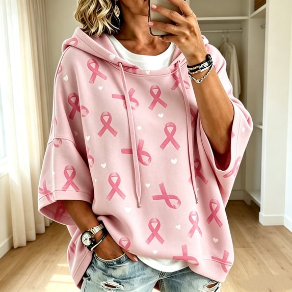 LNZGNM Sweatshirts Short Sleeve Hooded Light Loungwear for Ribbon Breast Cancer Awareness