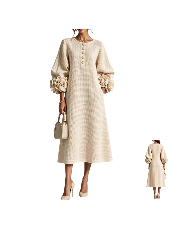 Textured Shift Dresses for Women Puff Sleeve A Line Cut Side Pockets Comfortable Relaxed Fit Clothes for Casual Outfits, (XL)