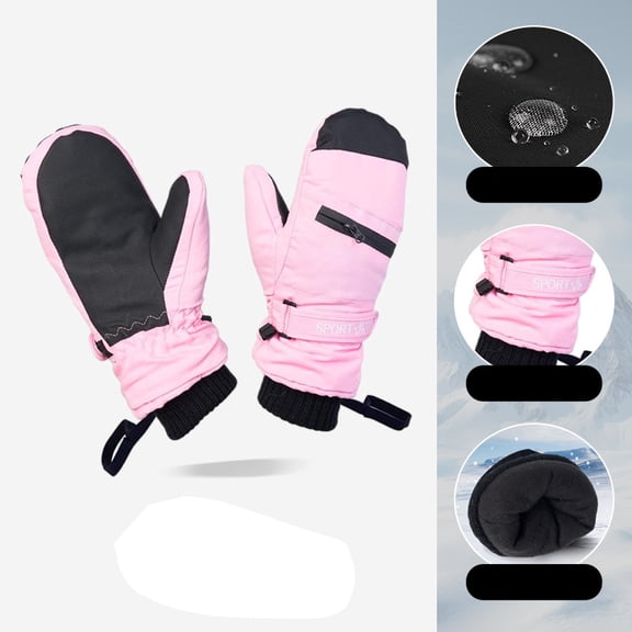 LNZGNM Toddler Mittens Waterproof Warm Fleece Toddler Snow Gloves Casual Lined Snowflakes Print Mitten with Zipper Pocket for Boy Girl for Snow Sport, Pink, One Size