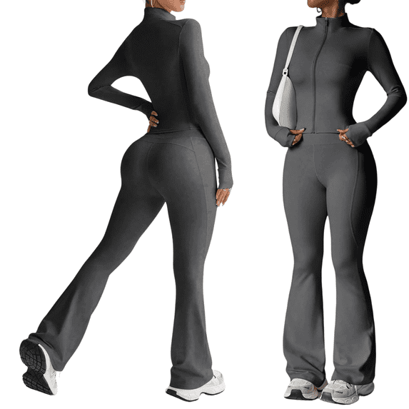 LNZGNM Two Piece Outfits for Women Comfy Autumn Home Lounge Zip up Mock Neck Tops and Flared Leg Pants with Pockets Lounge Sets, (M)