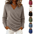 thumbnail image 1 of LNZGNM V Neck Wrap Sweaters for Women Fashion Ruched Long Sleeve Cross Front Knit Pullover Casual Cozy Travel Fall Outfit, Light Brown (L), 1 of 6