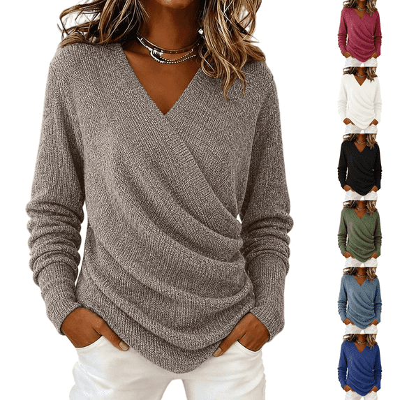 LNZGNM V Neck Wrap Sweaters for Women Fashion Ruched Long Sleeve Cross Front Knit Pullover Casual Cozy Travel Fall Outfit, Light Brown (L)
