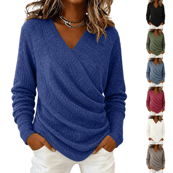 LNZGNM V Neck Wrap Sweaters for Women Fashion Ruched Long Sleeve Cross Front Knit Pullover Casual Cozy Travel Fall Outfit, Navy (S)