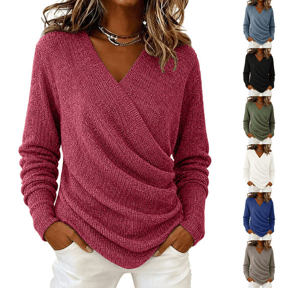 LNZGNM V Neck Wrap Sweaters for Women Fashion Ruched Long Sleeve Cross Front Knit Pullover Casual Cozy Travel Fall Outfit, Red (S)